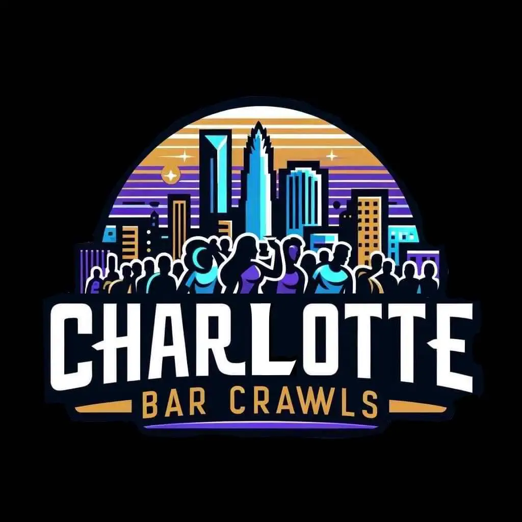 Logo of "Charlotte Bar Crawls" featuring silhouetted figures, colorful city skyline, and stylized text.