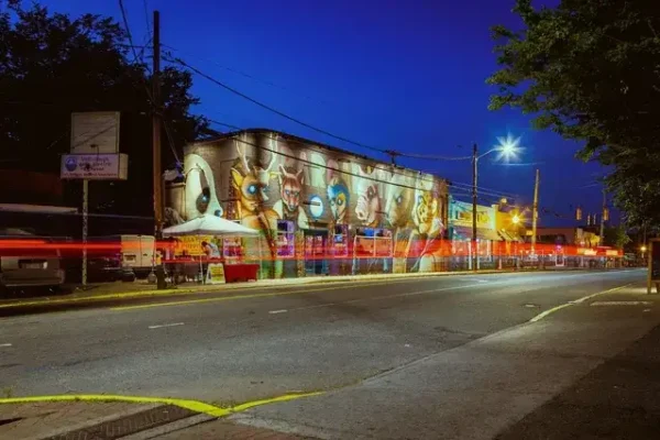 A night view of a street with a large, vibrant mural of owl faces on a building and the streaks of city traffic lights.